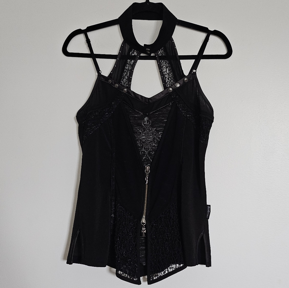 Ozzon Japan Ozz Croce Black Gothic High Neck Layered Top Silver Crosses And Lace - Picture 9 of 11